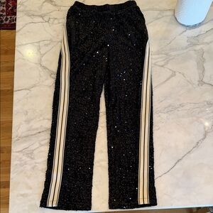 Anthropologie Bishop and Young Black Velvet Sequin Pants with White Stripes